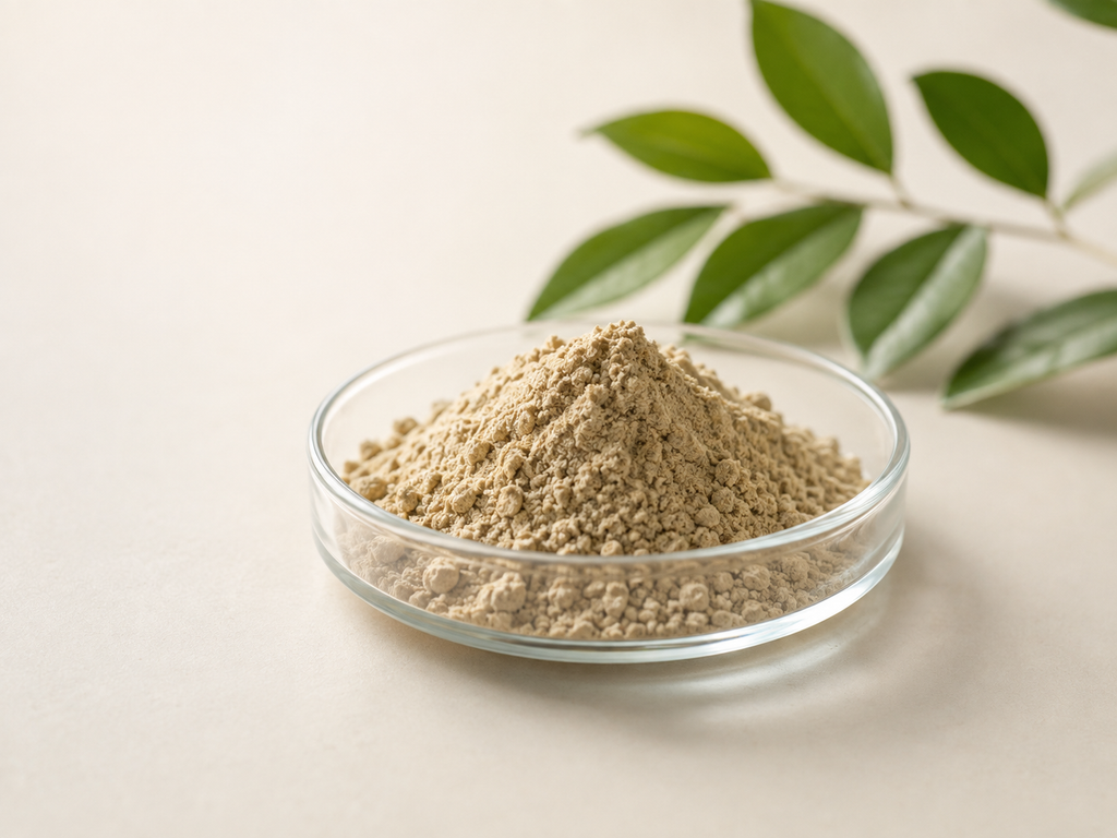 Black soldier fly protein powder in a glass dish beside fresh green leaves
